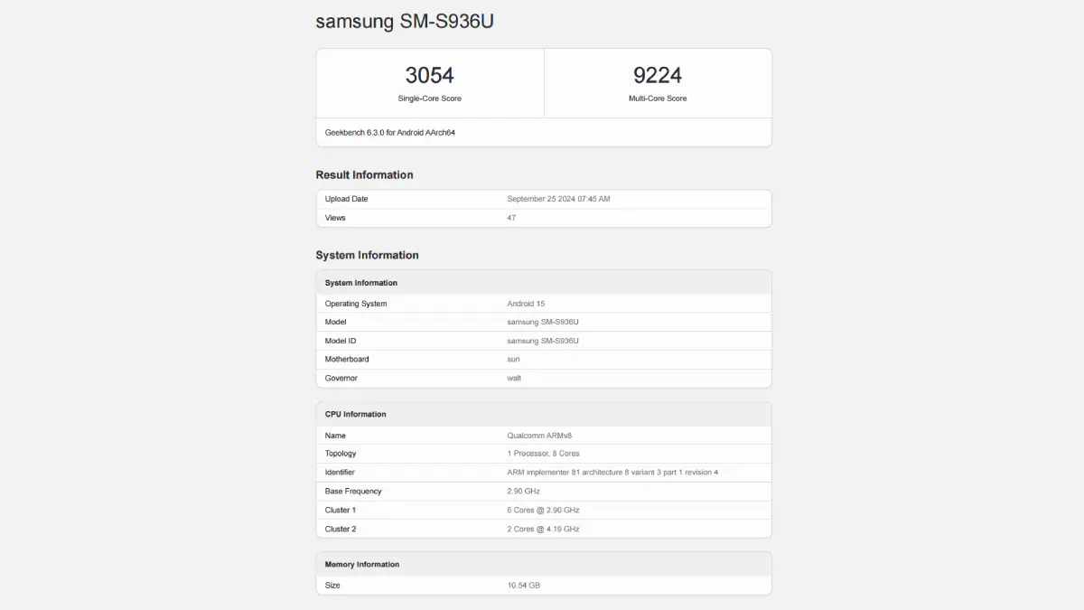 قائمة Samsung Galaxy S25 + Geekbench