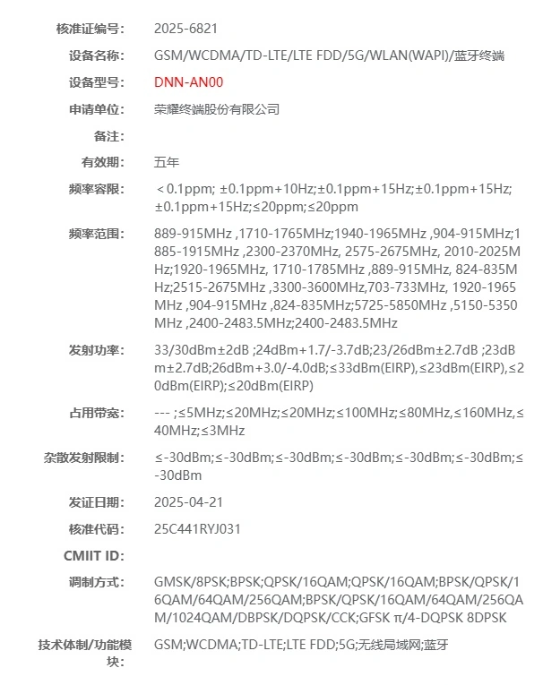 Honor 400 radio certification