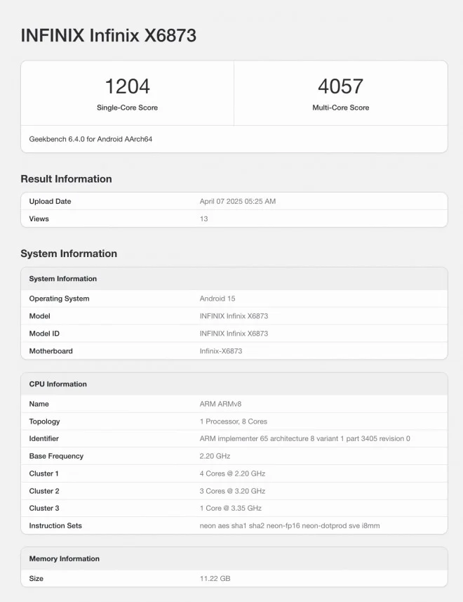 Infinix GT 30 Pro geekbench listing