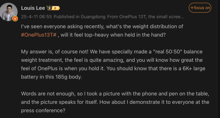 OnePlus 13T weight distribution Louis Lee