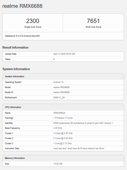 Realme GT 7 Geekbench