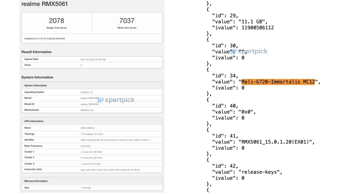 Realme GT 7 RMX5061 Indian variant on Geekbench