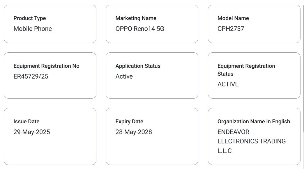Oppo Reno 14 5G TDRA certified