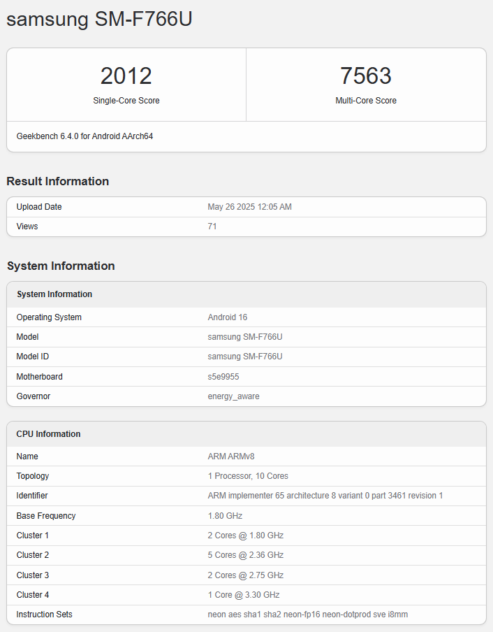 Samsung Galaxy Z Flip 7 Geekbench