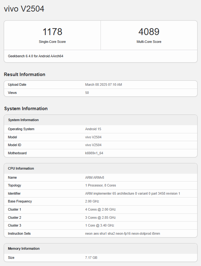 Vivo T4 Ultra Geekbench