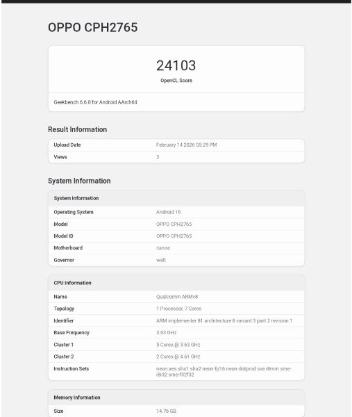 كشف اختبار Geekbench لهاتف Oppo Find N6 عن معالج Snapdragon 8 Elite 2 Oppo Find N6 Geekbench Graphics Score